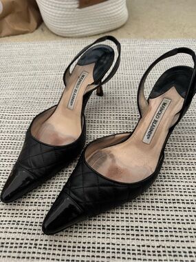 Manolo Blahnik Black Quilted Pointed Slingback Heels